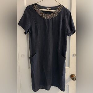 Lina Tomei Linen Made in Italy Beaded Neckline Shift Navy Dress Large